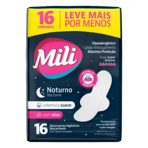 Absorvente Mili Noturno - Pacote C/16 - Suave com Abas